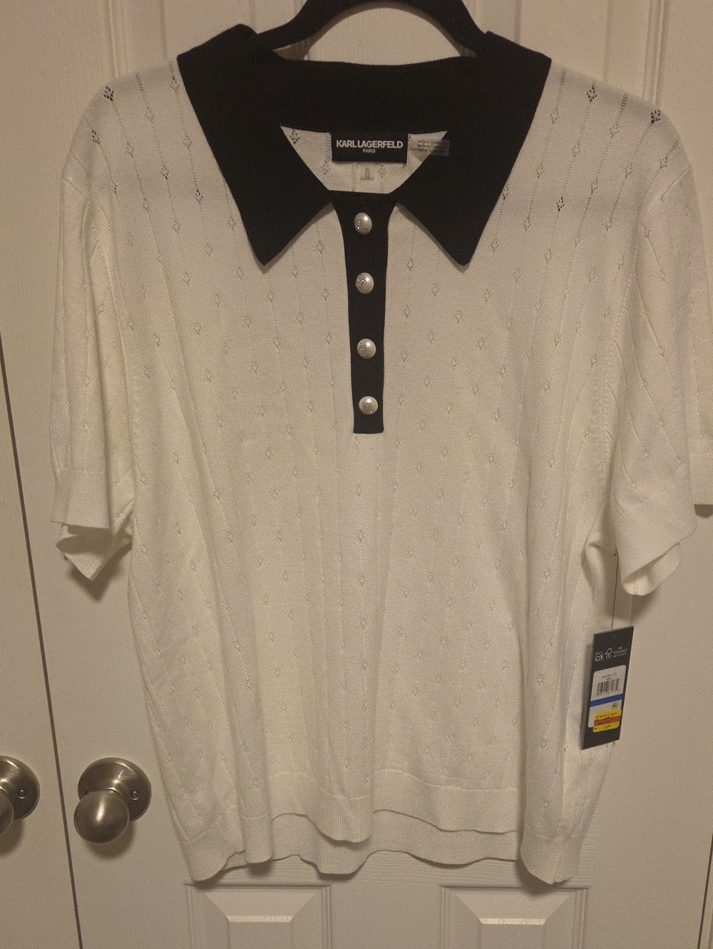 Karl Lagerfeld White Short-Sleeve Polo with Black Collar and Pearl Buttons
